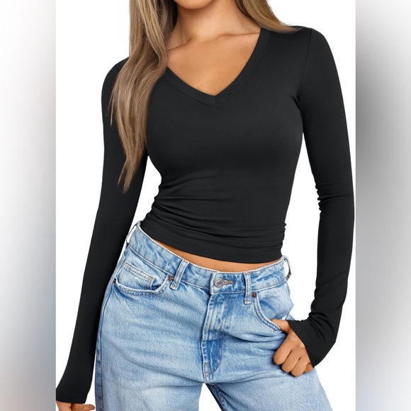 Long Sleeve Shirt V Neck Basics Crop Tops Layering Slim Fitted Y2K - Picture 2 of 6